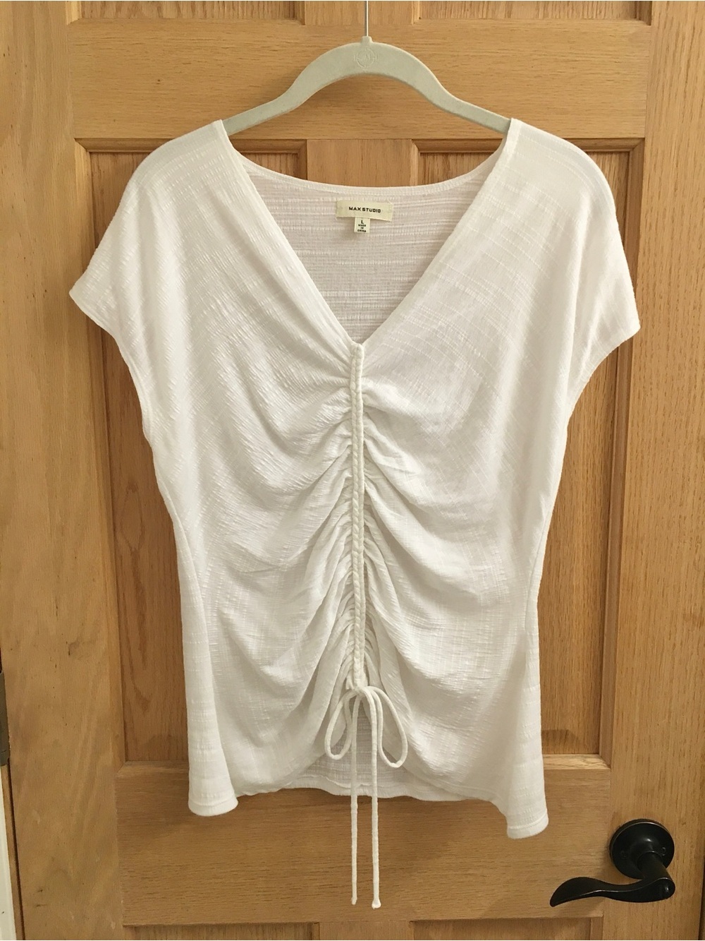 Max Studio White Ruched Drawstring V-Neck Top, Size Large